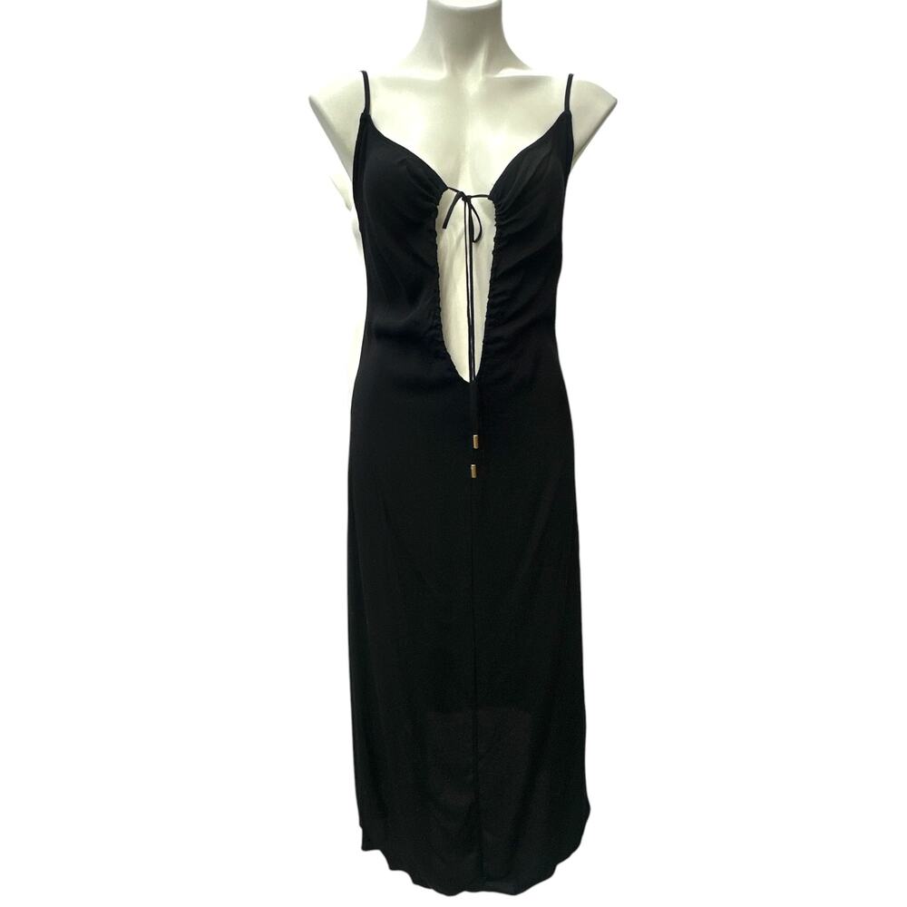 AFRM Black Ruched Plunge Lace-Up Midi Dress Women's M Spaghetti Strap Bodycon